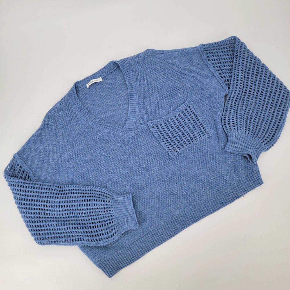 Makk Fashions Womens Sz S Blue Long Sleeve V-Neck Tight Knit Weekender Sweater
